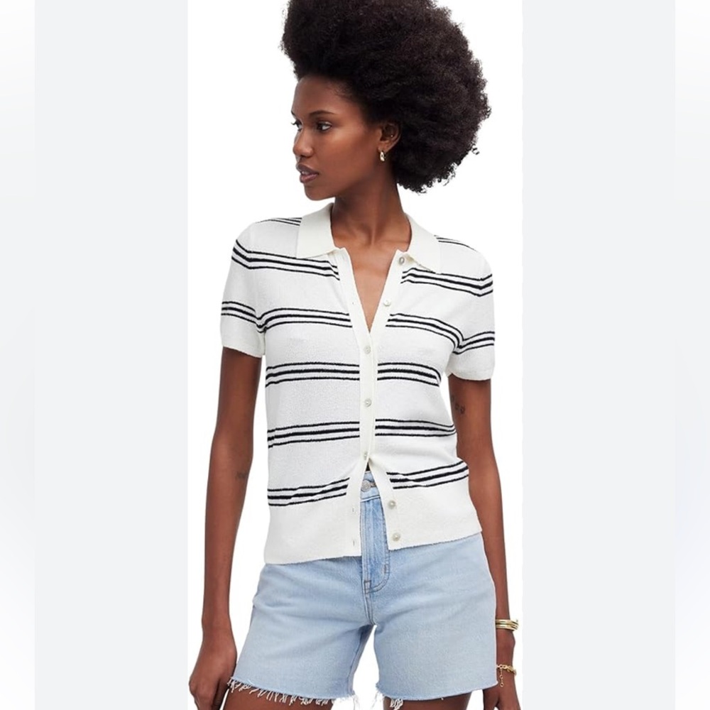 Striped Short-Sleeve Knit Polo Top - White/Black
